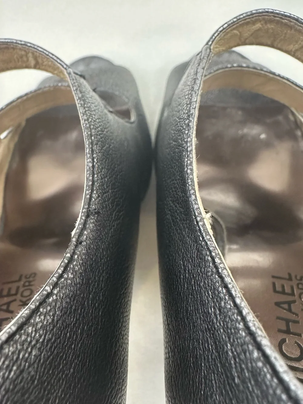 Michael Kors Peep Toe Double Buckle Heels Pewter Metallic Leather 7